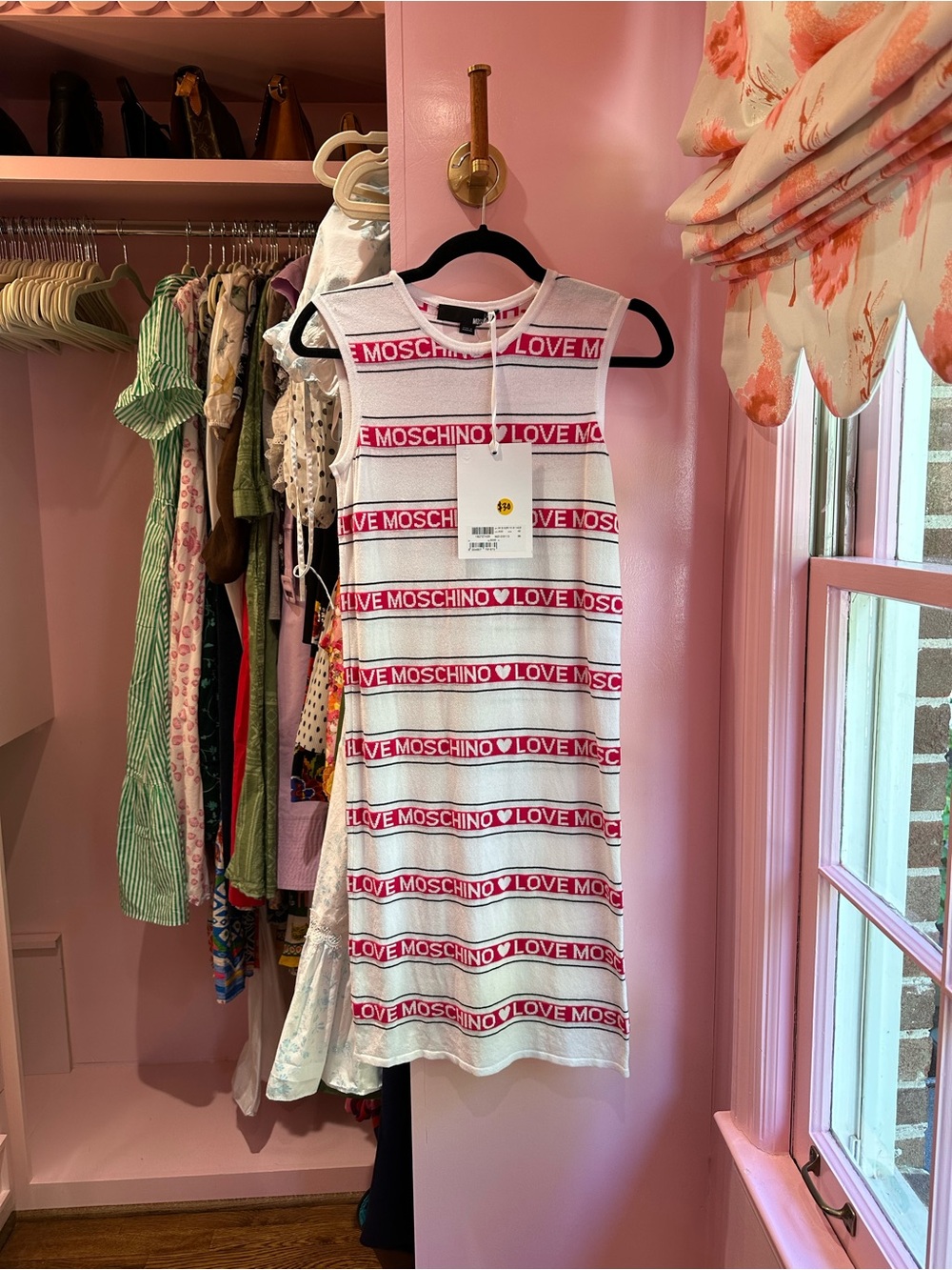 Love Moschino White Tank Dress with Pink & Red Logo Stripes
